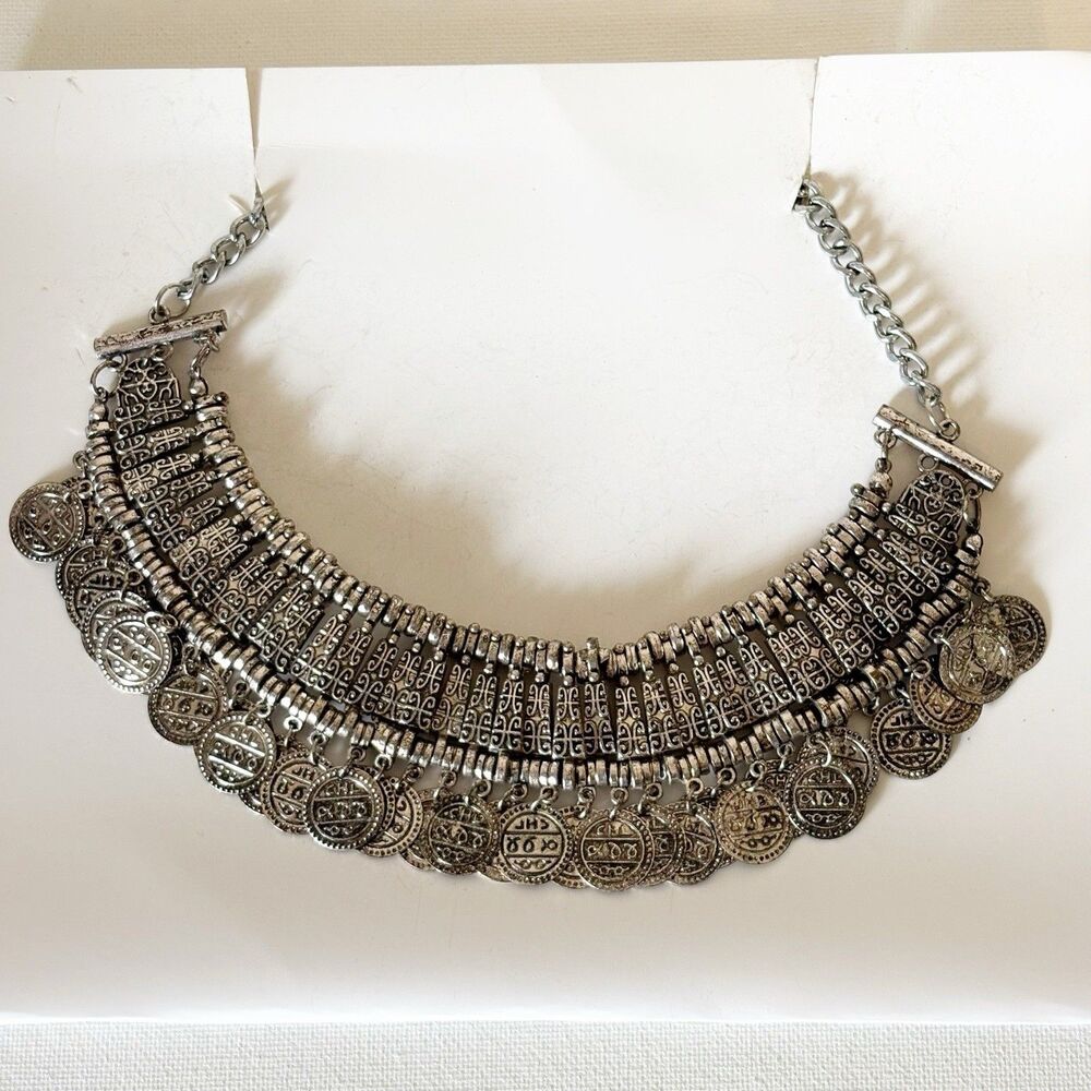 Silver Tone Coin Wide Choker Necklace Bohemian Gypsy Love Affair 16.5”